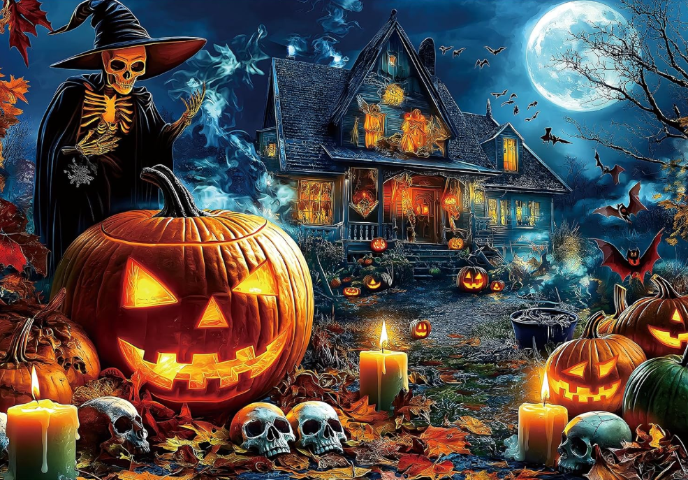 Halloween Jigsaw Puzzle 1000 Pieces for Adults – Haunted House, Pumpkins & Spooky Night Scene with Poster, Challenging Puzzle Game & Halloween Decor Gift